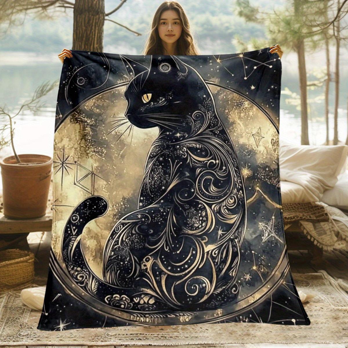 Custom Black Cat Blanket Celestial Moon Stars Design Personalized Name Fleece Throw All Season Soft Warm Bedding Home Decor Gift 70x100cm28x39in