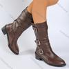 Fashion Comemore Autumn Winter New Pointed Toe Mid-calf Boots Vintage Chunky Heel Belt Buckle Western Knight Gothic Black Women Shoes