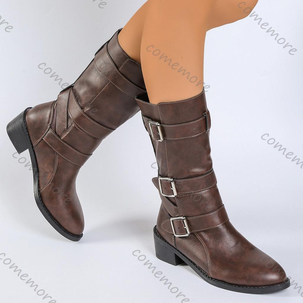 Fashion Comemore Autumn Winter New Pointed Toe Mid-calf Boots Vintage Chunky Heel Belt Buckle Western Knight Gothic Black Women Shoes