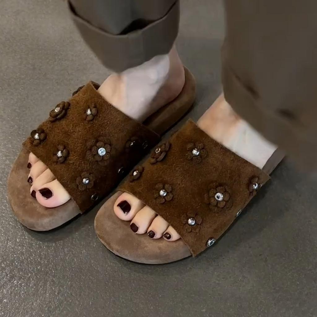Fashion retro niche rhinestone flower matte suede one-word drag women comfortable stepping on shit cool slippers