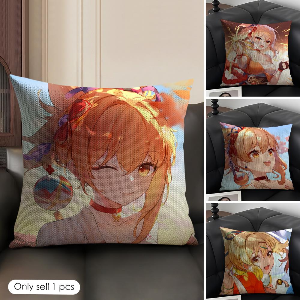 Yoimiya Genshin Impact Cute Cushion Cover Natural Linen Organic Fabric DoubleSided Printing Sofa Home Decor Gift Pillow Case