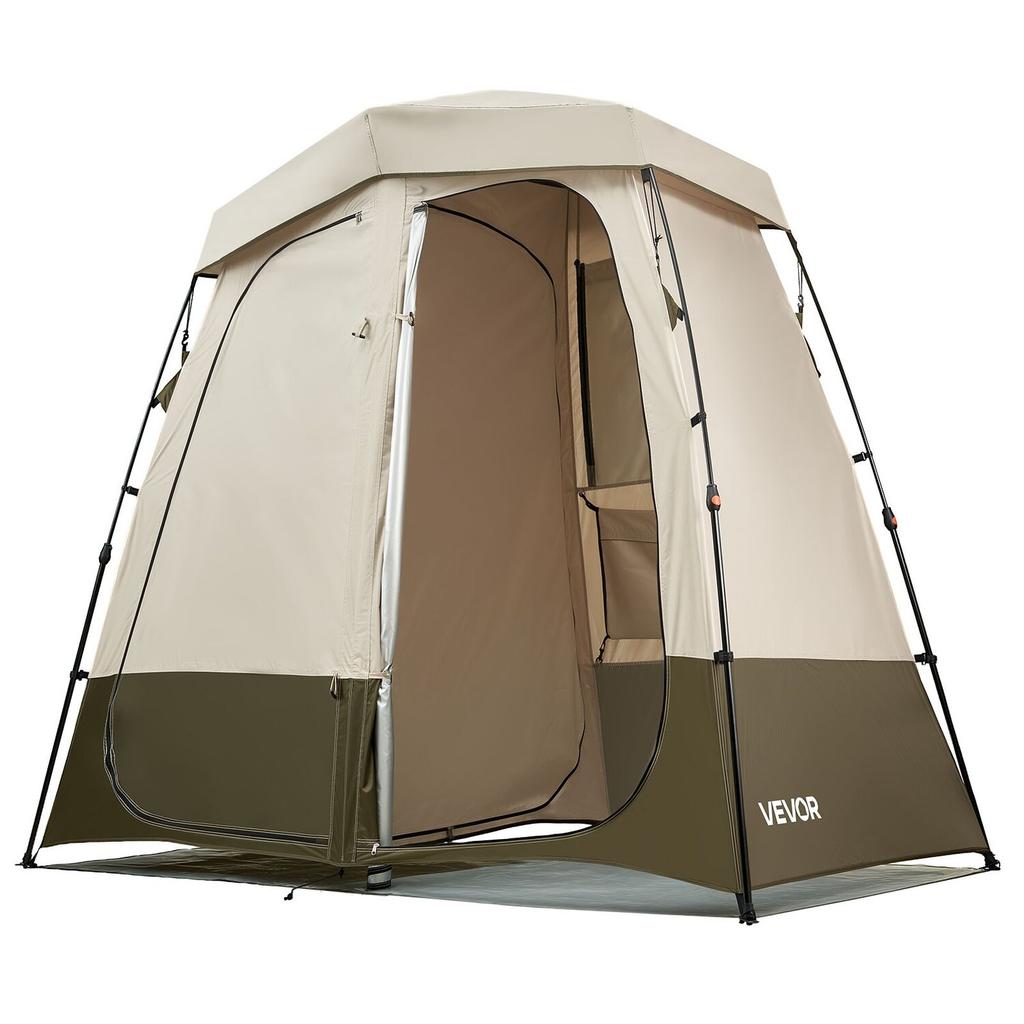 Camping Shower Tent, 2-Room Foldable Privacy Tent Changing Room with Ground Stakes, Ropes, Carry Bag, and Crossbar, 150D Oxford Fabric with Silver