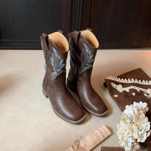 

Коровья кожа~ виноградный ма такой же ретро вышитые западные ковбойские сапоги женские квадратный носок V-образный вырез сапоги толстый каблук средняя голень рыцарские сапоги 40