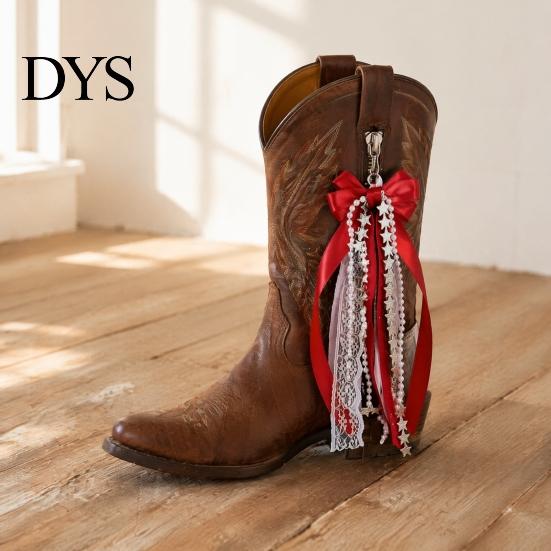 Faux Pearl Chain Bow 1 Pair Ribbon for Cowgirl Boots, Satin Boot Charm with Decorative Star Chain, Shoe Accessory Women