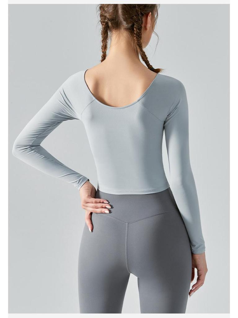 Autumn/Winter Slimming Yoga Top with Built-in Bra and Cross-Pleated Design - Long Sleeve Fitness Wear for Women