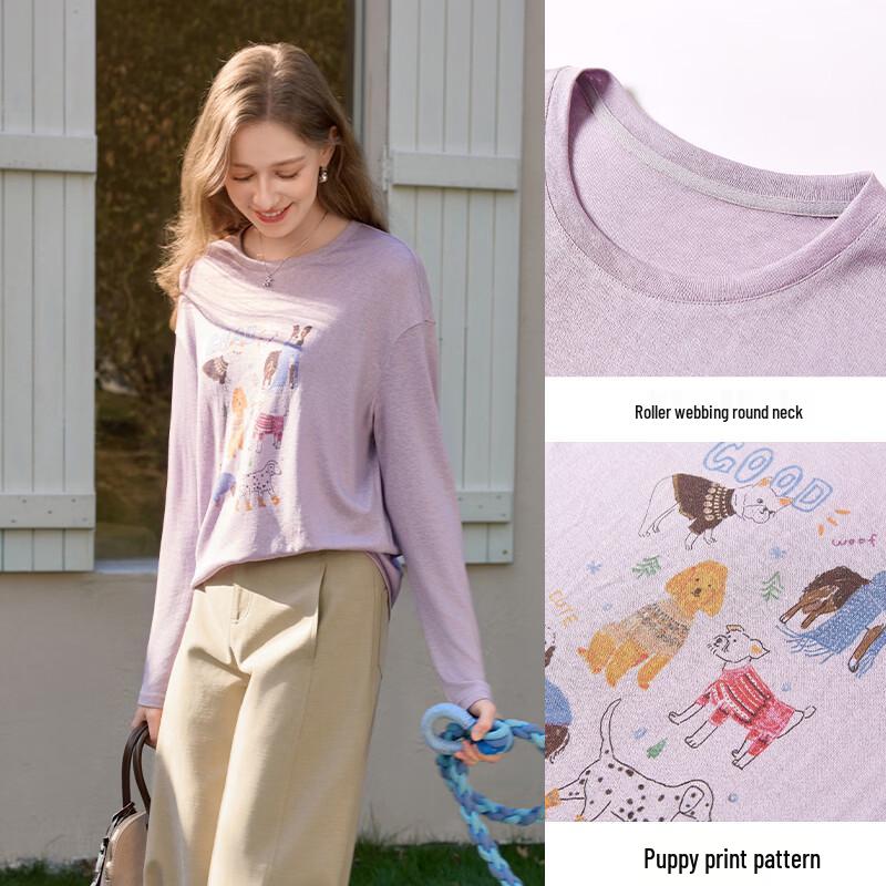Xiangying Women's Puppy Print Long Sleeve T-Shirt