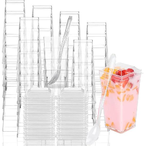 EASERCY 50 Pack 3 oz Square Mini Dessert Cups with Lids and Spoons Clear Dessert Shooter Cups with Spoons Parfait Cups with Lids Appetizer Cups for