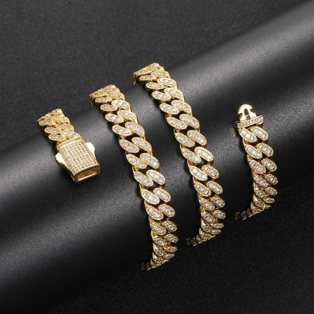 BES 10MM Iced Out Cuban Link Chain Cubic Copper Zirconia Necklace Hip Hop Bracelet Women Man Hip Hop Jewelry