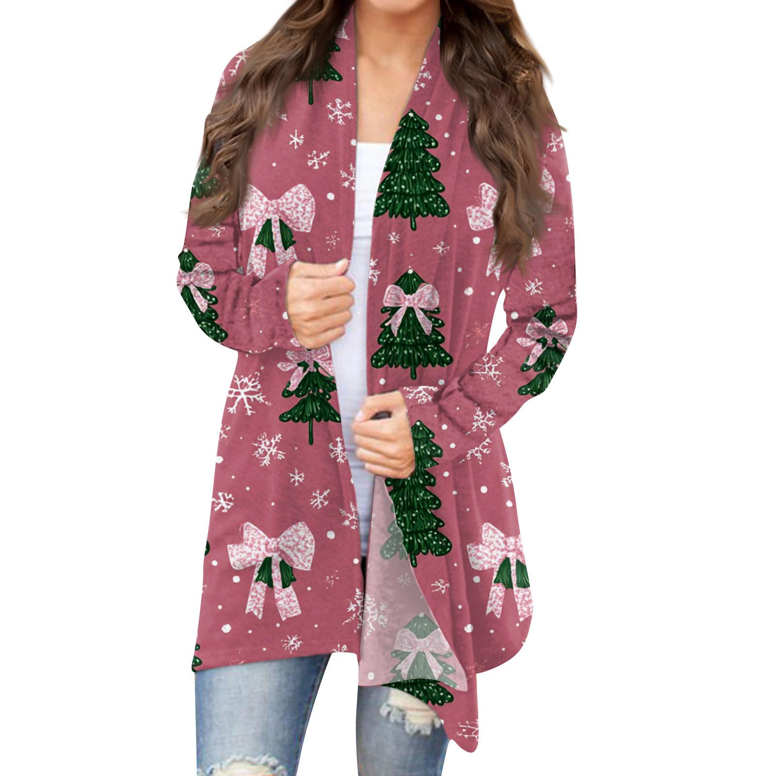 

Женская модная рождественская куртка с принтом, повседневный кардиган с длинным рукавом, пальто L розовый