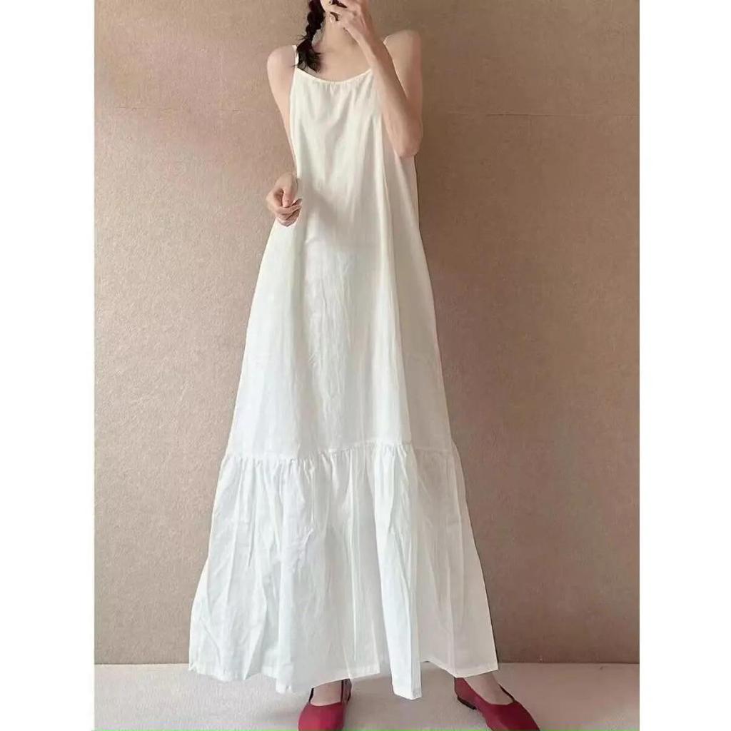 2025 Summer Linen Cotton Slip Dress - Solid Color, Loose Fit, Patchwork Design, Literary Style