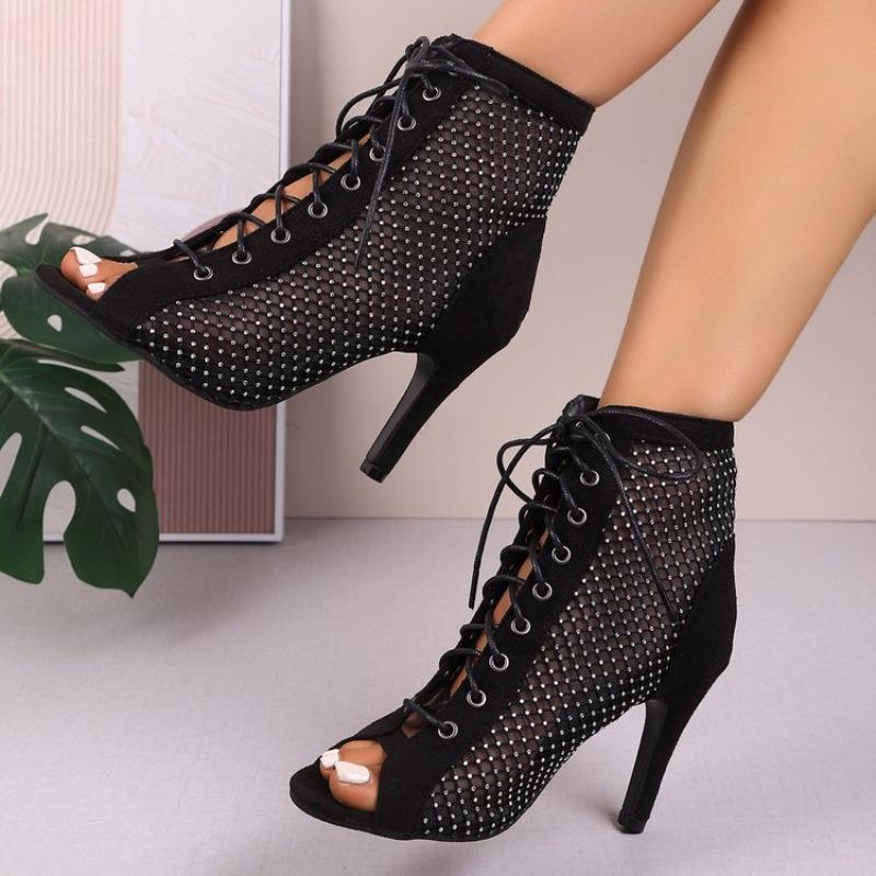 2026 New Fashionable Large Size High Heels Mesh Hollow Sexy Sandals Trendy Lace up Cloth Face Fish Mouth Boots Women Shoes