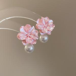Silver Needle Pink Flower Fringed Vacation Style Earrings Summer Sweet Delicate Stud Earrings Small Fresh Design Earrings Women