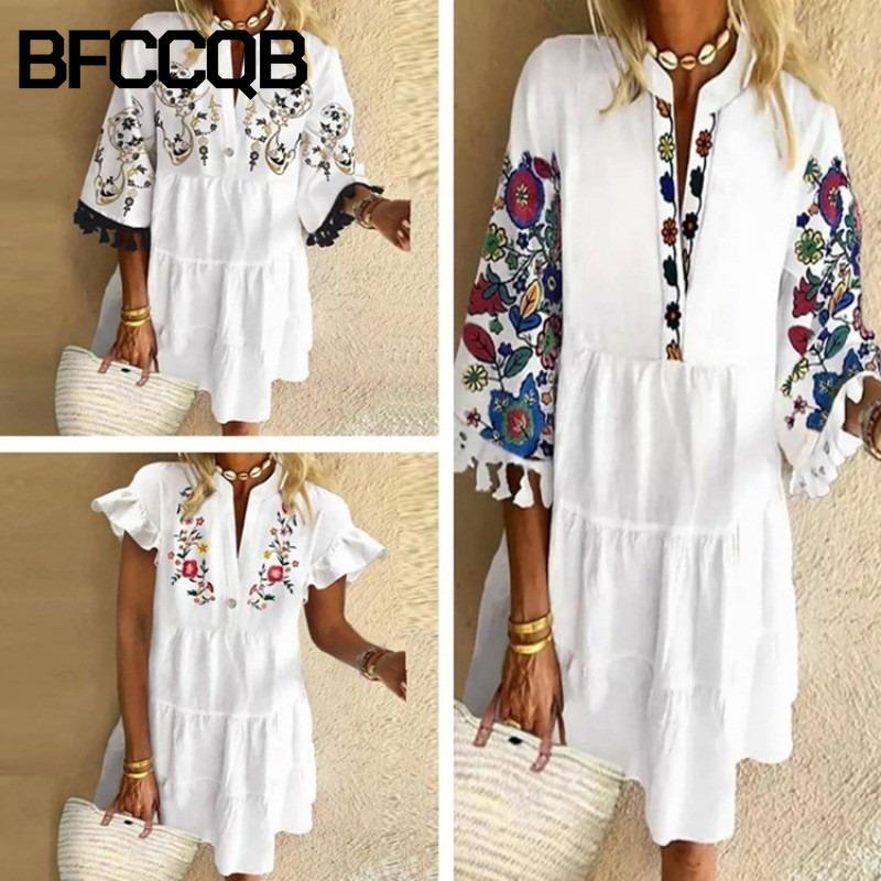 BFCCQB Women's Fashion Summer Spring 3/4 Sleeves V-Neck Casual Dresses