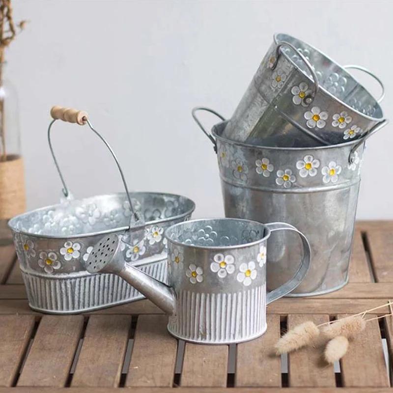 Embossed Vintage Iron Flower Pot - Desktop Flowers Vase, Plant Hanging Balcony Bucket, Garden Decorations Bonsai Pot