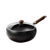 Japanese Style Uncoated Iron Pot with Wooden Handle Deep Wok with Wooden Lid Non Stick Cast Iron Saucepan for Cooking Soup Milk Noodles
