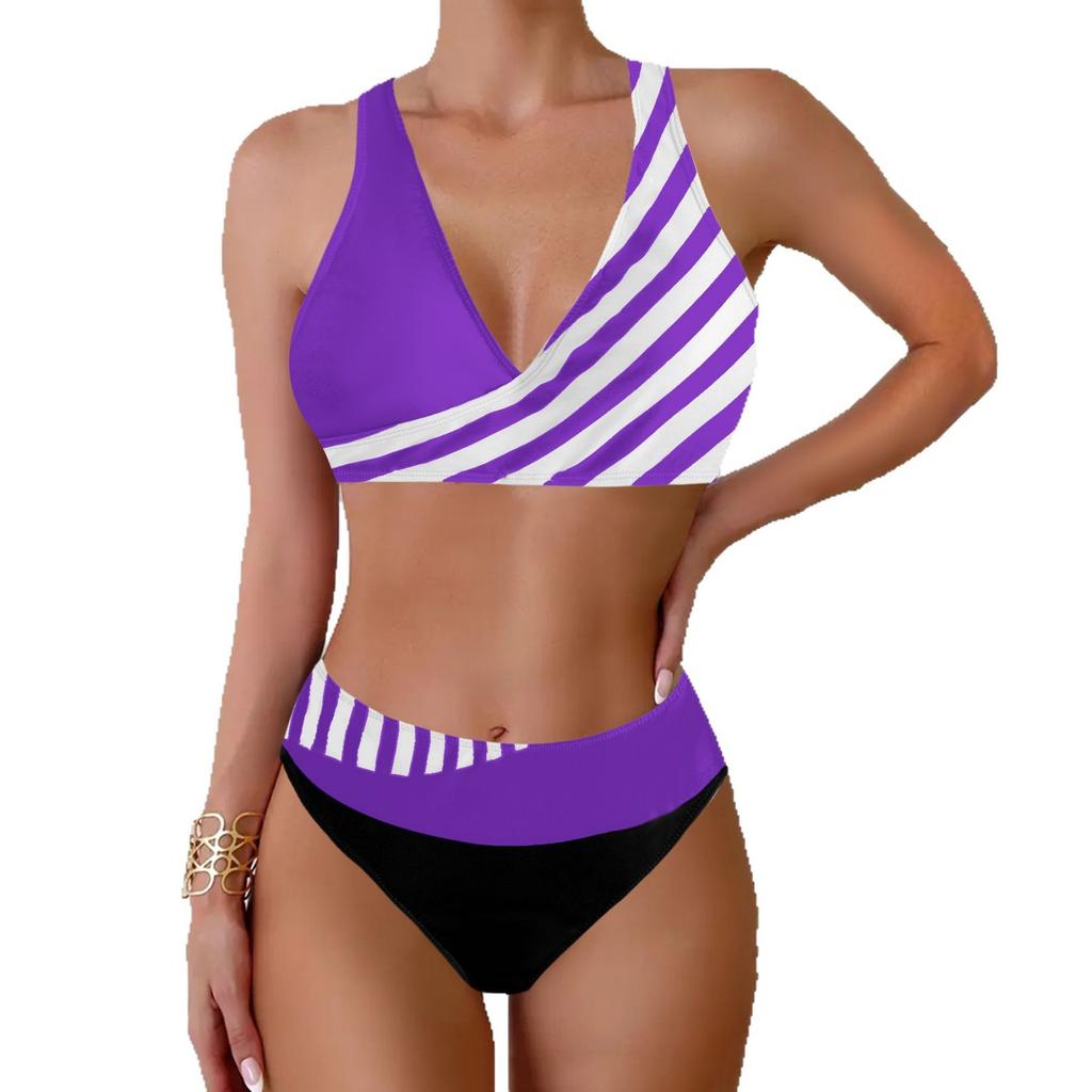 Women's Halter Half Edge Stripe Print Bikini Tankini Swimsuit