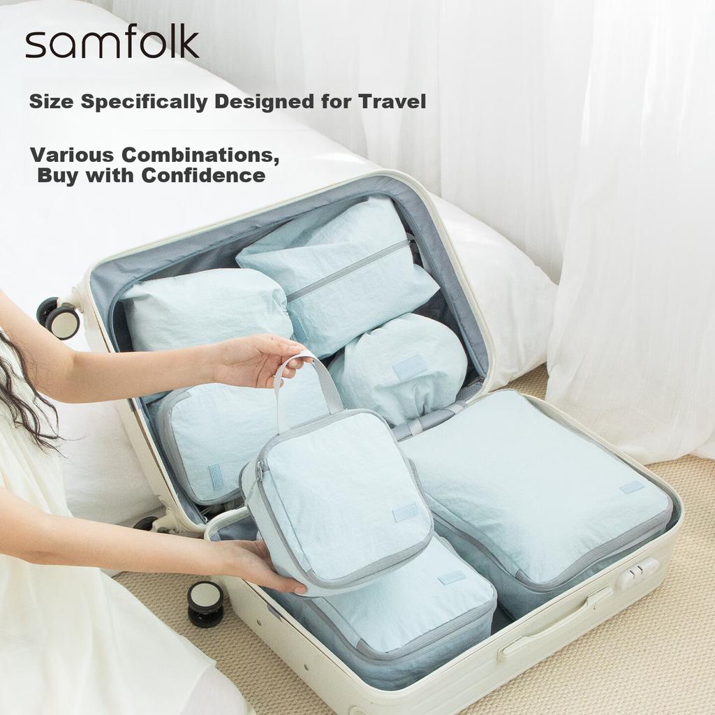 Samfolk Travel Storage Bags Luggage Clothes Compression Packing Organizer Set of 3 Blue for Business Trip and Travel