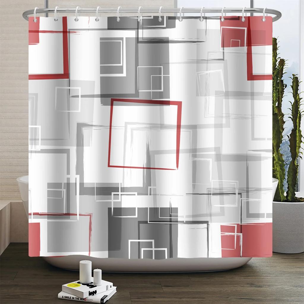 Modern Geometrischer Duschvorhang Blau Wasserdichte Duschvorhänge Polyester Badvorhang Badezimmer Strukturierter Stoff Maschinenwaschbar