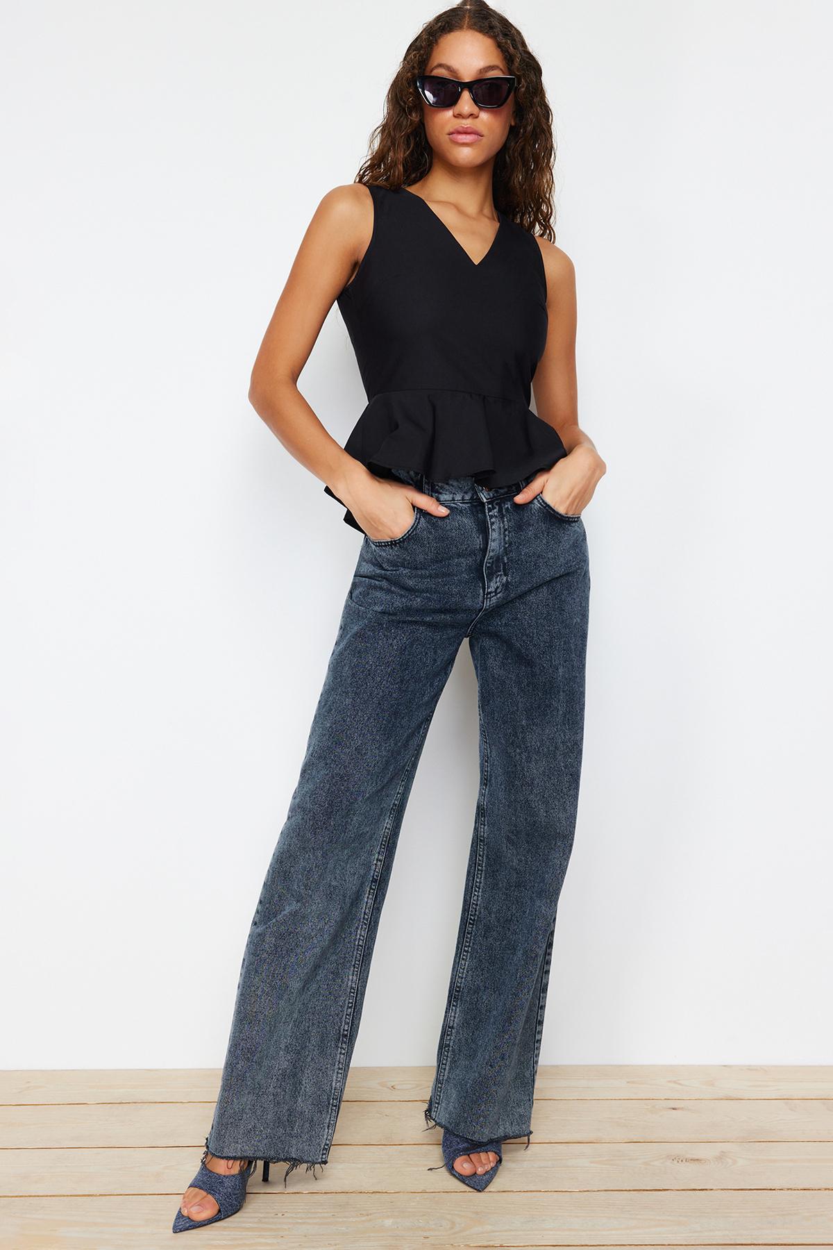 

Женская модная новая блузка, черная тканая блузка с v-образным вырезом и воланами XS чёрный