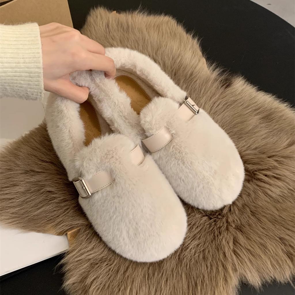 Plush Shoes Single Shoes Flat Shoes Cute White Plush Shoes Women's Shoes Wear Winter Plush Versatile Warm Cotton Shoes