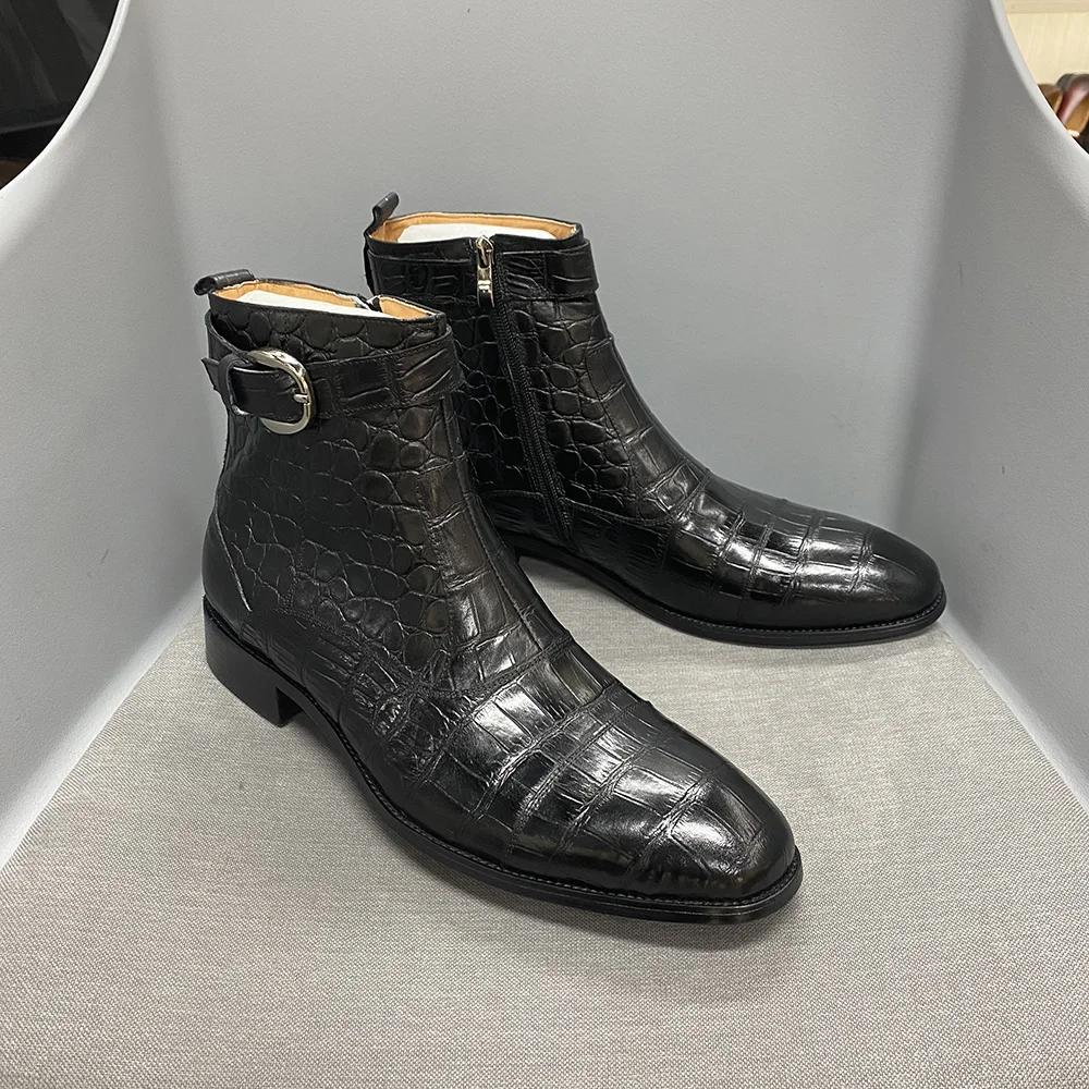 Fashion Luxury Ankle Boots Mens Dress Shoes Black Brown Blue Crocodile Print Genuine Leather Zip Buckle Wedding Office Chelsea Boots Men
