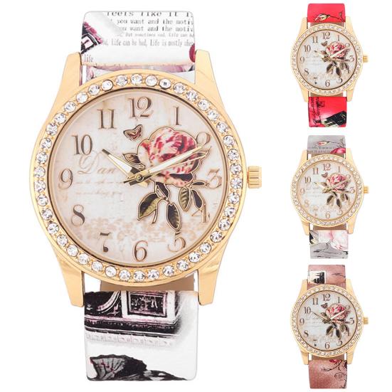 Fashion Women Rhinestone Wrist Watch Casual Rose Pattern Quartz Wristwatch
