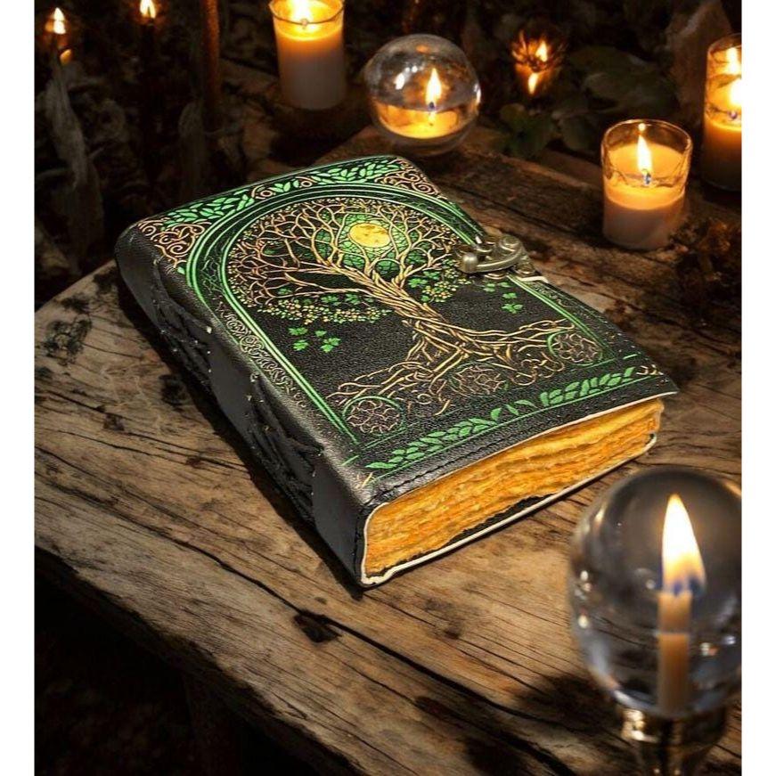 Grimoire Vintage Leather Journal, Tree of Life Fat Journal, Blank Spell Book of Shadows Celestial Gifts For Him Her