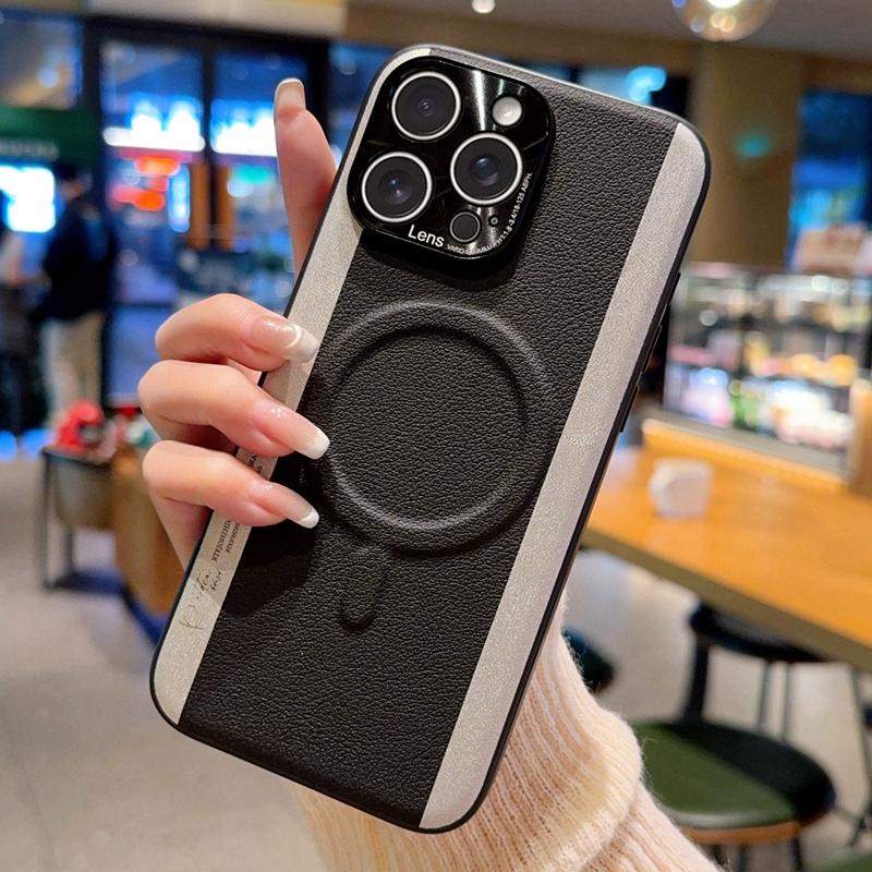 For iPhone 16 Pro Max Case Compatible with MagSafe Splicing Color PC+PU Leather Phone Back Cover