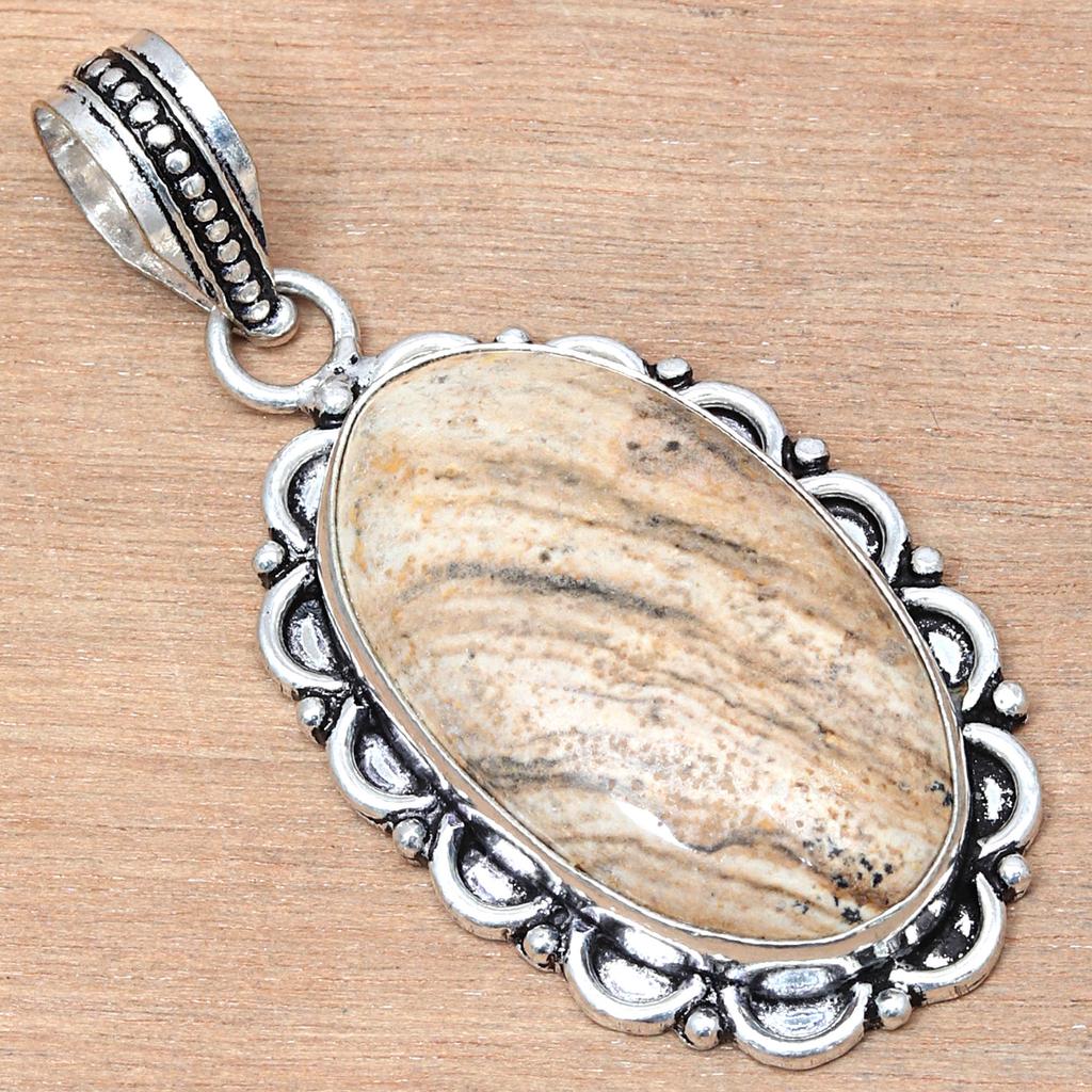 Anhänger Bildjaspis Edelstein Handgefertigt Geschenk Für Sie Silberschmuck 2,25"