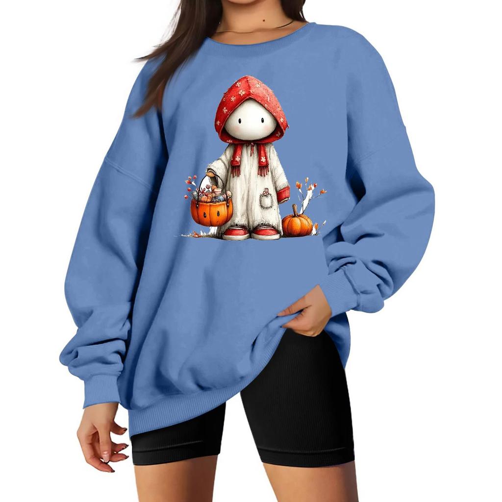 Women's Comfortable Round Neck Long Sleeve Sweatshirt Loose Fit Casual with Color and Halloween Print