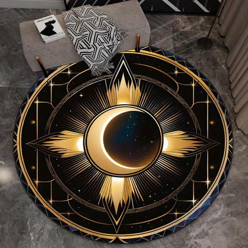 Sun Moon Eclipse Celestial Design Round Rug Crystal Velvet Floor Mat Golden Black Cosmic Art Home Decor Anti Slip Carpet Bedroom