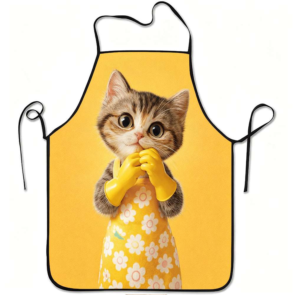 1pc Adorable Cat & Daisy Apron with Kitten and Flower Design, Durable Easy-Clean Polyester Suitable for Kitchen Cooking, Gardening, Fruit Picking, Sui