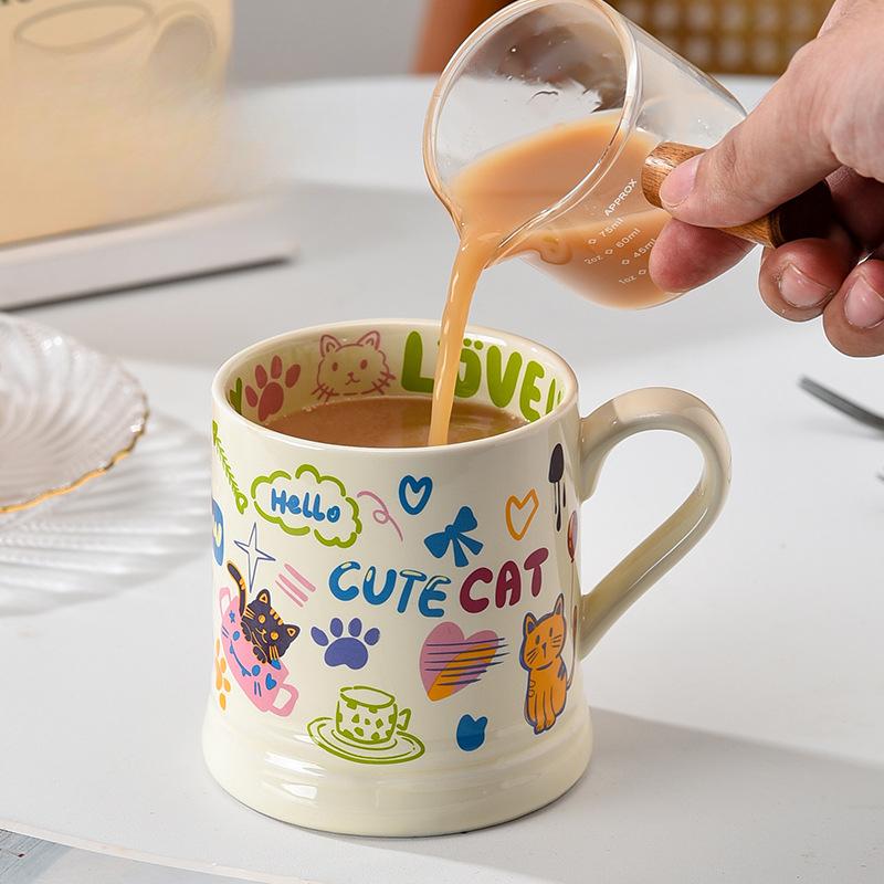 French Cup Illustration Style Mug High Looking Cute Cat Cartoon Pattern Water Cup Butterfly Ceramic Cup