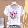(Asian Size) Sweet Flower Style T-shirts Female Casual Short Sleeve O-neck Fashion Graphic Tee Print Women's Top T Clothing
