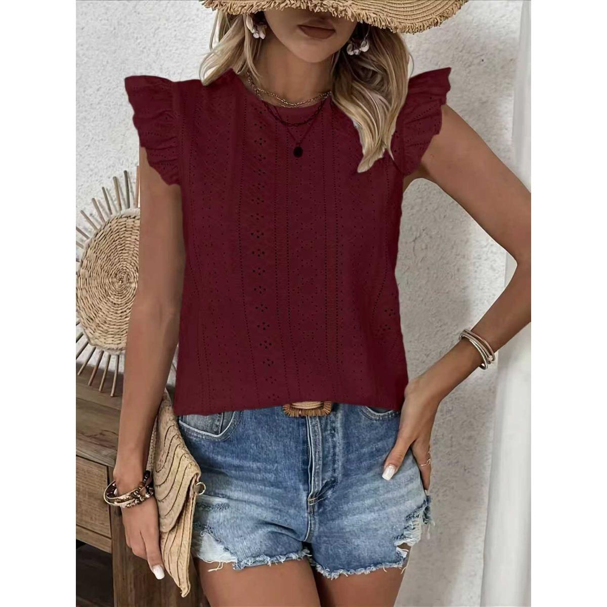

Summer Spring Women s Short Sleeve Top, Crew Neck Ruffled Sleeve Back Lace Up Casual Blouse, European American Fashion for Crossborder S темно-красного