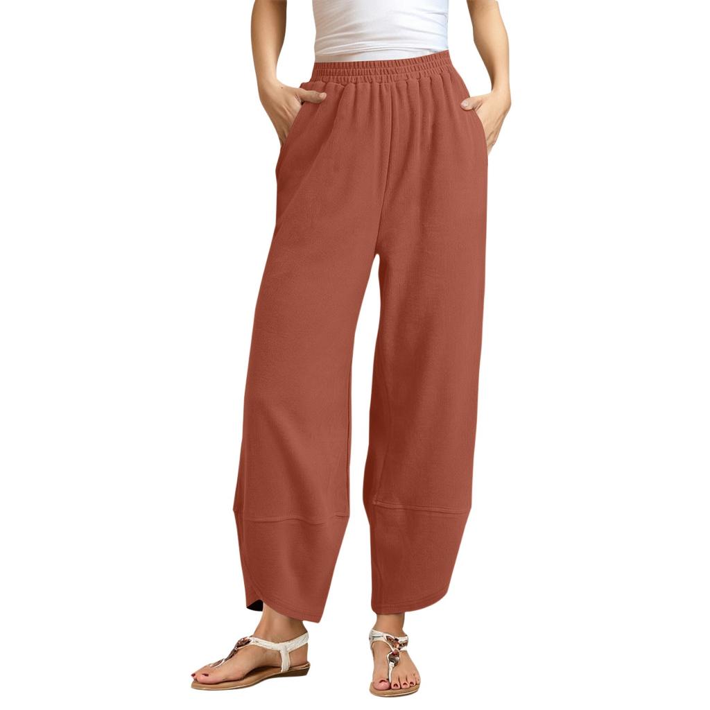 Damen Schräge Tasche Elastischer Bund Cropped Hose Lässige Baumwoll- und Leinenhose