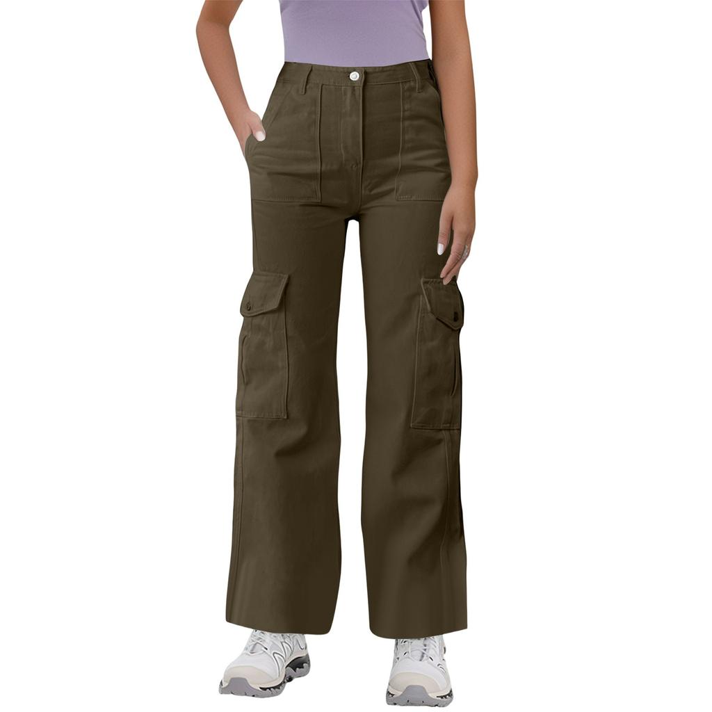 Ladies' Loose Casual Mid Waist Three-Dimensional Pocket Long Waist Solid Color Work Pants