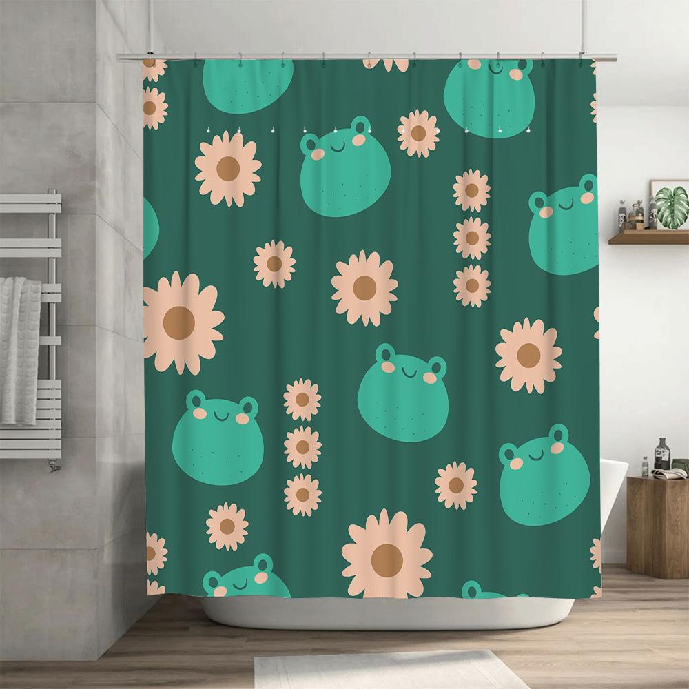 Bright Green Bathtub Shower Curtain with Flowers Frogs Print Waterproof Bath Rug Set for Bathroom Decor