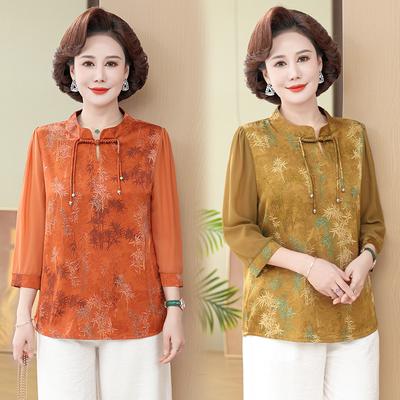 Blusa de mangas três quartos da Summer Mother, temperamento chinês, camisa pequena estilo ocidental retrô para mulheres de meia-idade e idosas