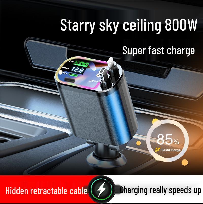 Starry Sky Projector 120W 4-in-1 Car Charger with Retractable Cable & Digital Display
