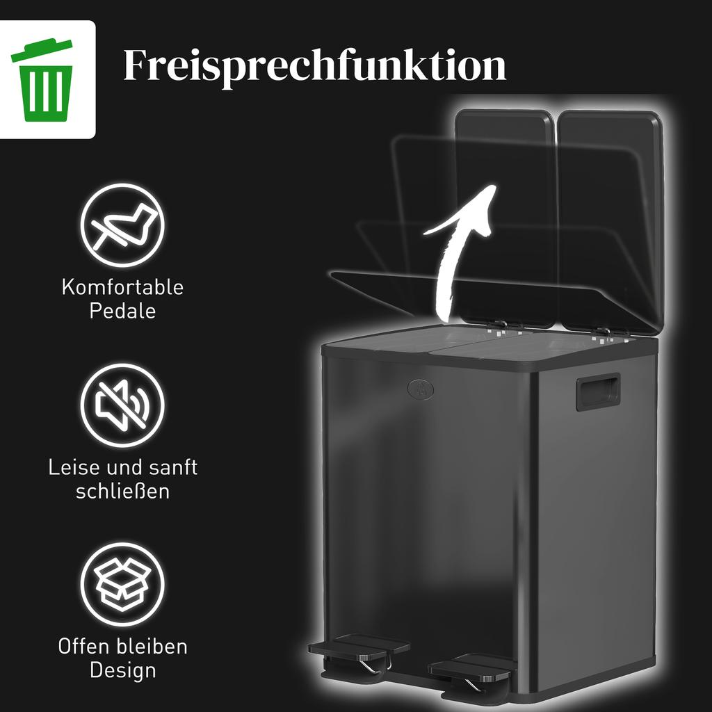 40L Dual Compartment Stainless Steel Bin, with Deodoriser Holders - Black
