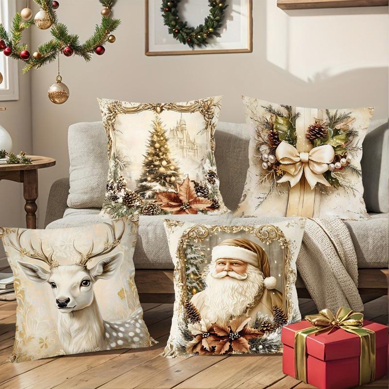 4pcs Vintage Christmas Santa Deer Tree Bow Throw Pillow Covers Golden Holiday Decorative Pillowcases for Sofa Couch Home Decor