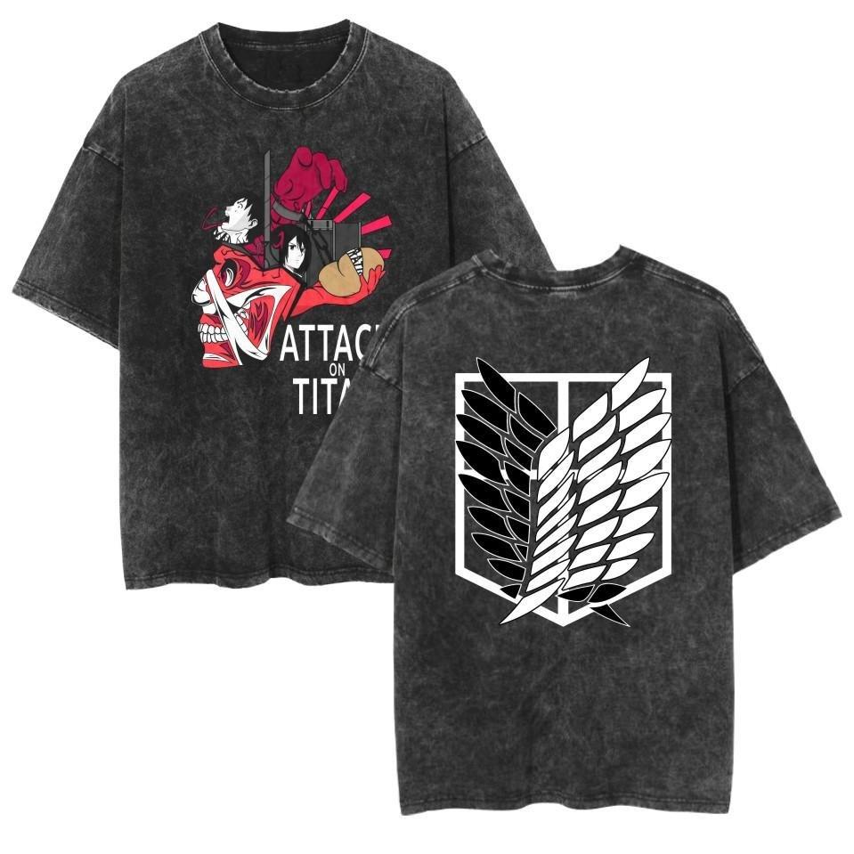 2026 Vintage Gewaschenes T-Shirt Mann Attack on Titan Damen Kurzarm-T-Shirt Streetwear Anime-Print Sommer Y2k Übergroße Lässige Oberteile