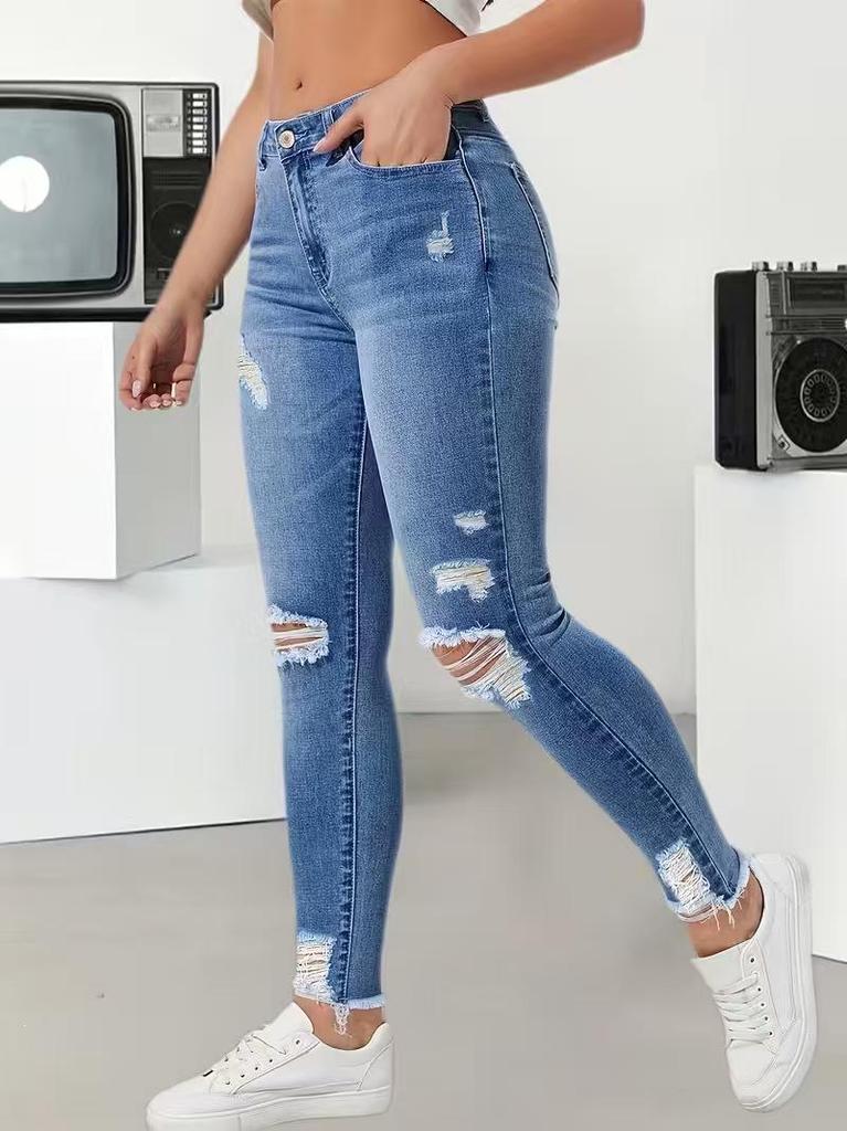 2026 European & American Style High-Waisted Elastic Ripped Skinny Jeans for Women