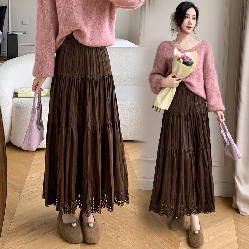 Pleated Suede Velvet A-line Skirt with Elastic High Waist
