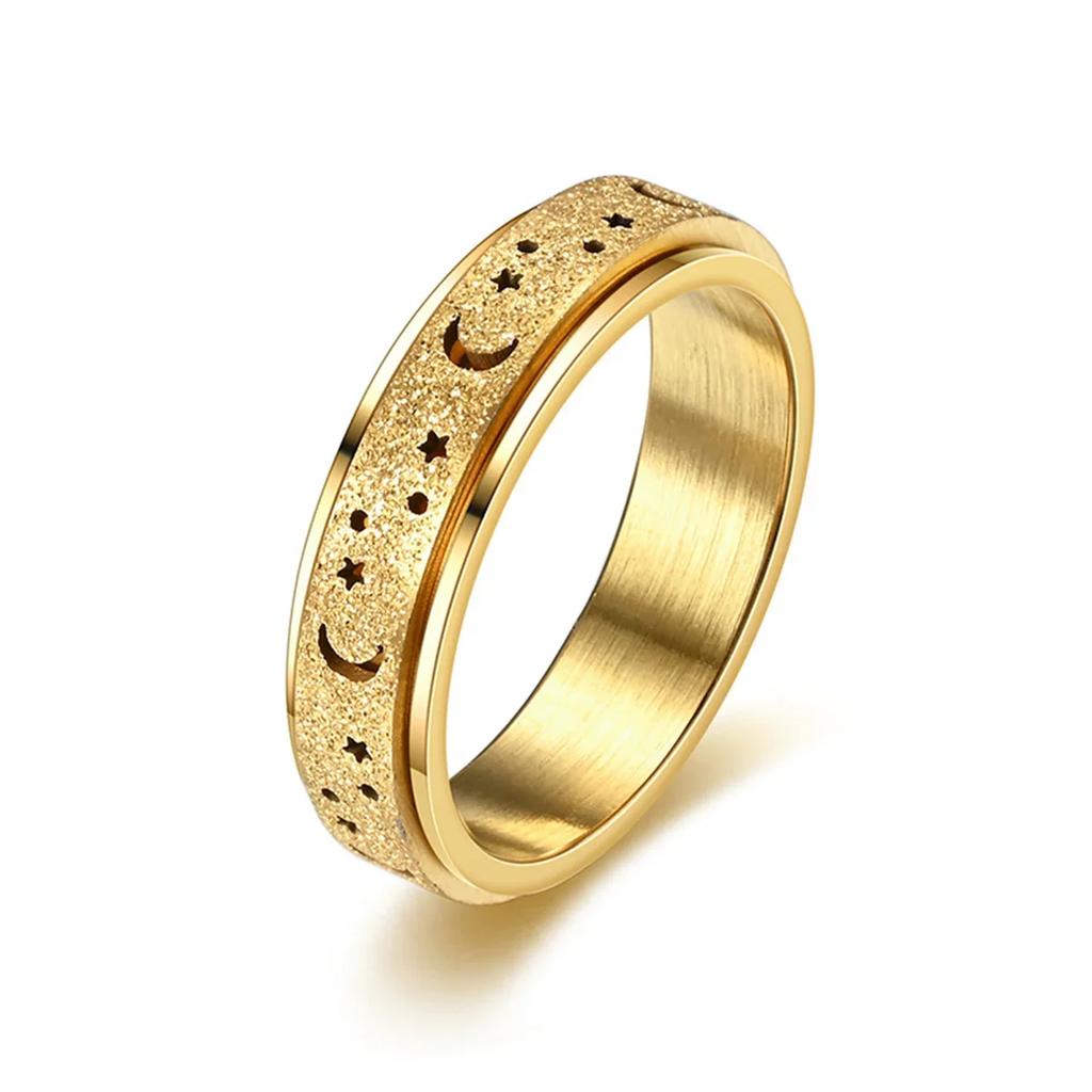 Frosted Stainless Steel Moon And Star Fidget Rings For Men Anti Stress And Anxiety Rotating Ring Fidget Metal Spinner Anillos