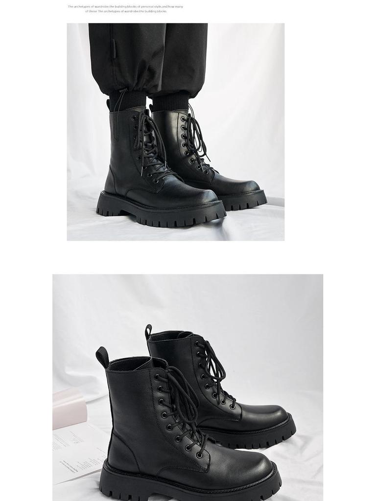 Men's Black British-Style Soft Leather High-Top Martin Boots with Thick Soles for Autumn and Motorcycle Wear.