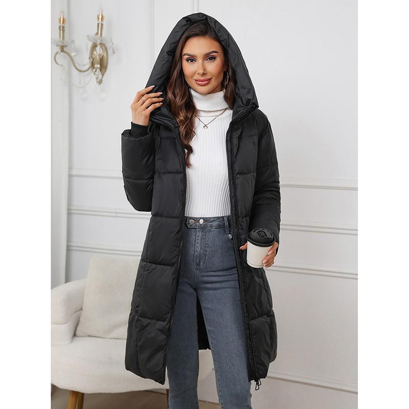 Womens Thick Warm Long Cotton Puffer Coat With Hood Slim Fit Mid-Length Winter Jacket In Solid Colors