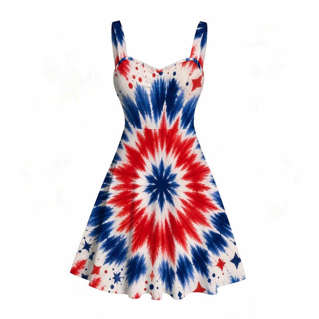 Women Plus Size Spaghetti Strap Off Shoulder Dress Tie Dye Mandala Patriotic Print Swing Dress