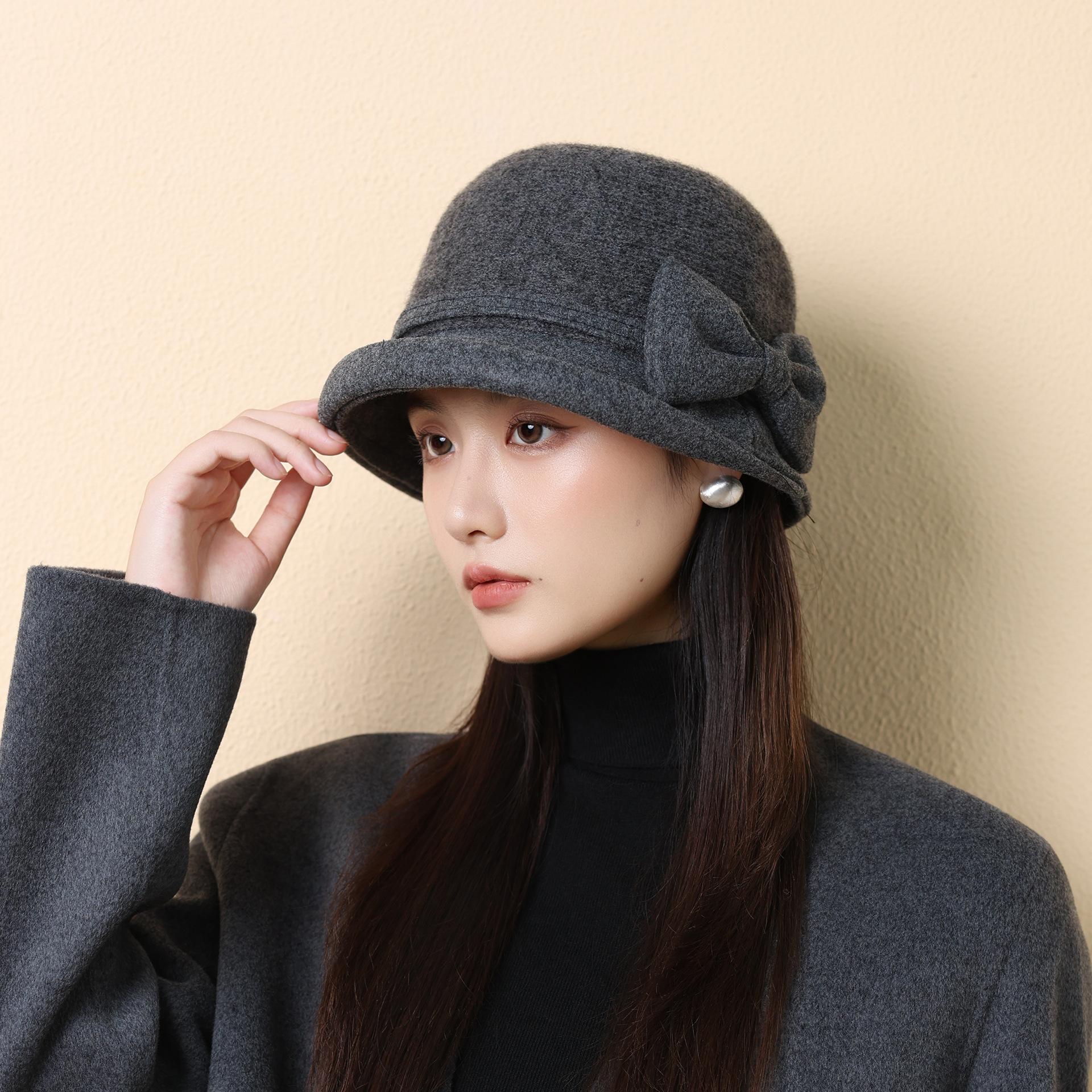 

Осенне-зимняя женская шерстяная шляпа, шляпа-ведро с бантом, ретро цилиндр, утолщенная теплая шляпа-панама One size темно-серого